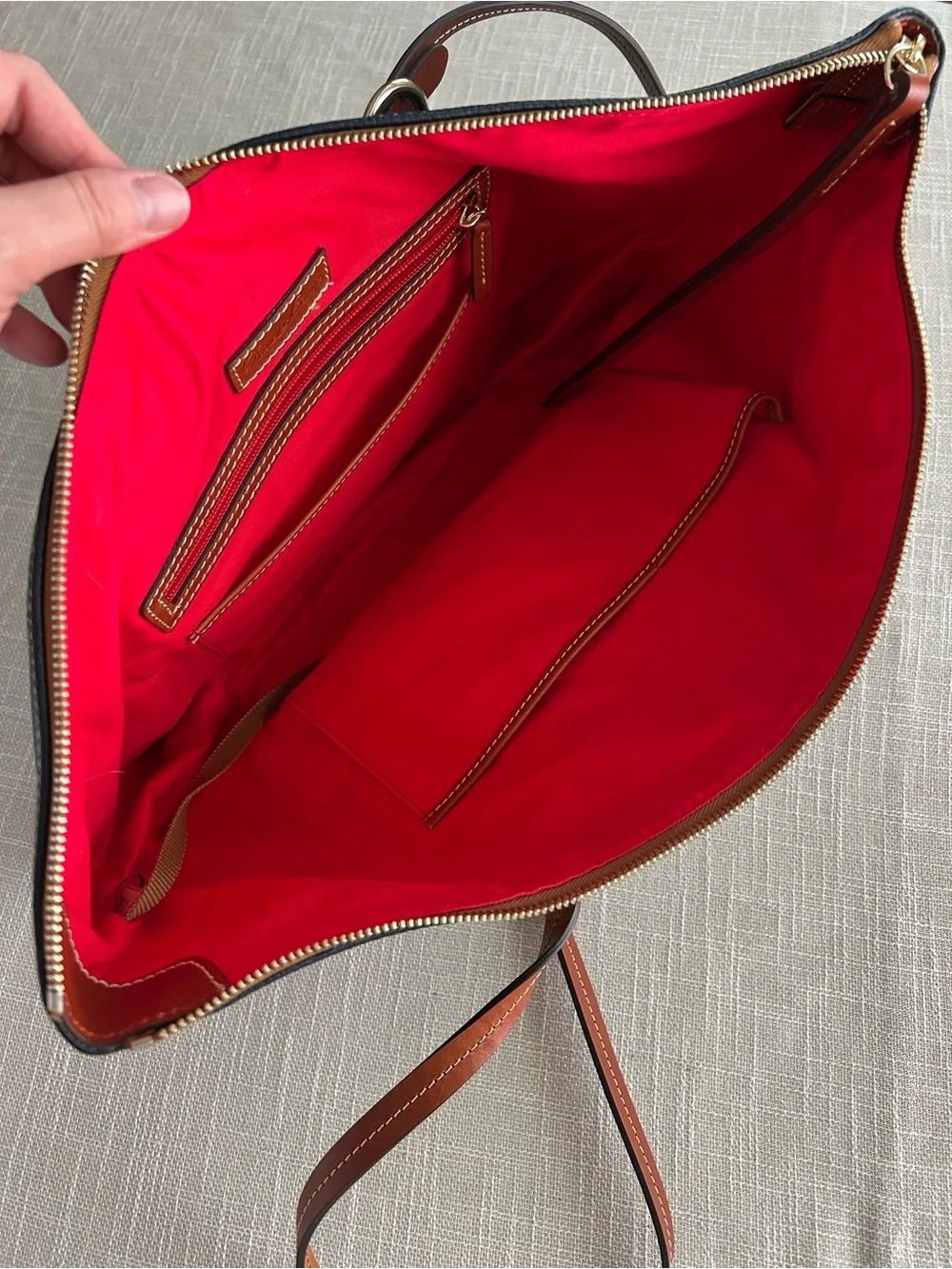 Dooney & Bourke Navy Leather Tote with Brown Trim and Straps